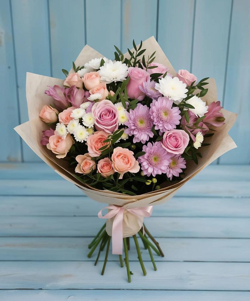 Букет цветов из: Хризантемы, Розы и Альстромерии в Локоть