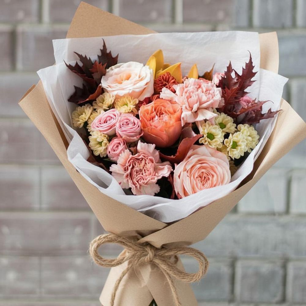 Букет цветов из: Гвоздики, Хризантемы и Розы в Локоть