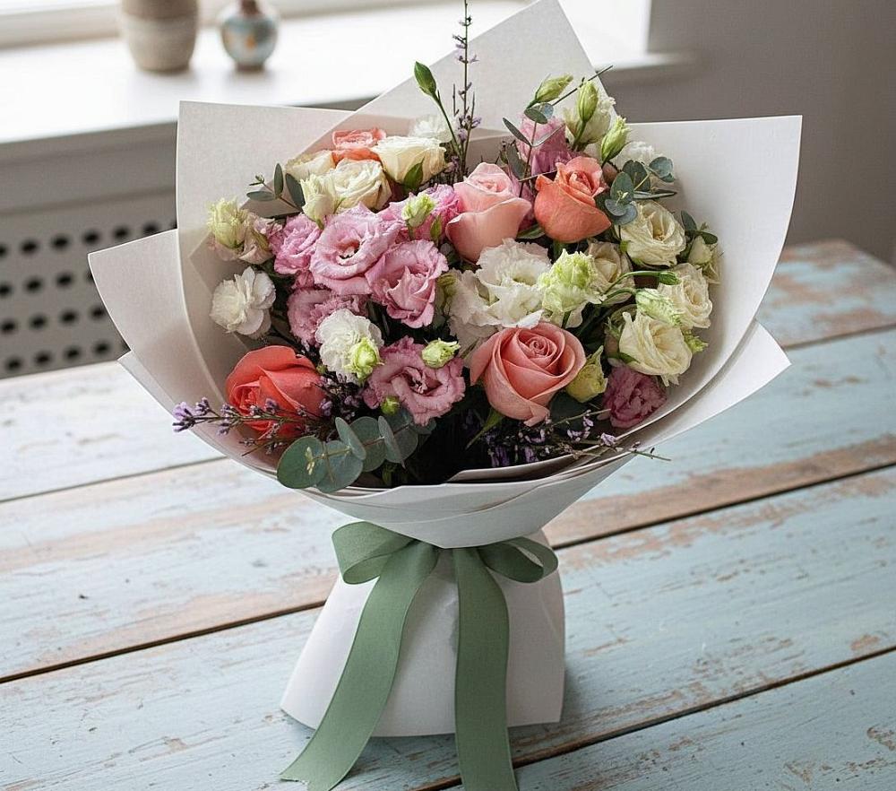 Букет цветов из: Розы, Лизиантусы и Гвоздики в Локоть