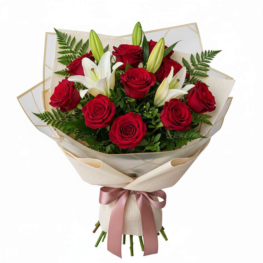 Букет цветов из: Лилии и Розы в Локоть