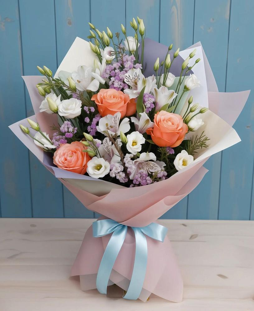Букет цветов из: Лизиантусы, Розы, Альстромерии и Гипсофила в Локоть