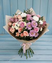 Букет цветов из:  Хризантемы, Розы и Альстромерии в Локоть