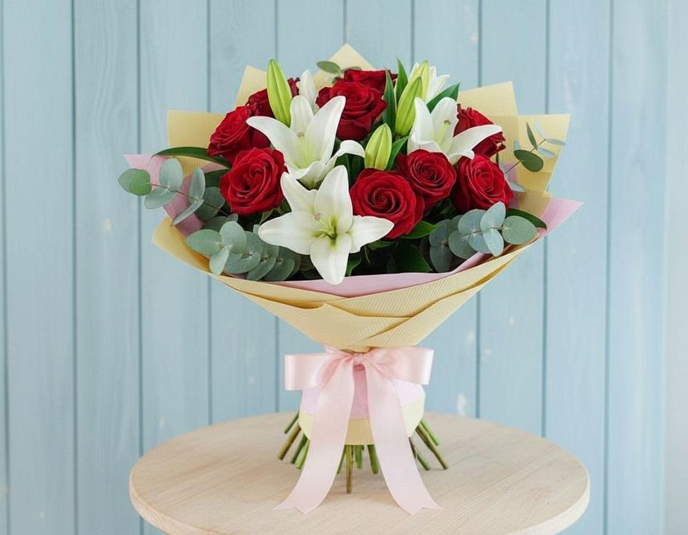 Букет цветов из: Лилии и Розы в Локоть