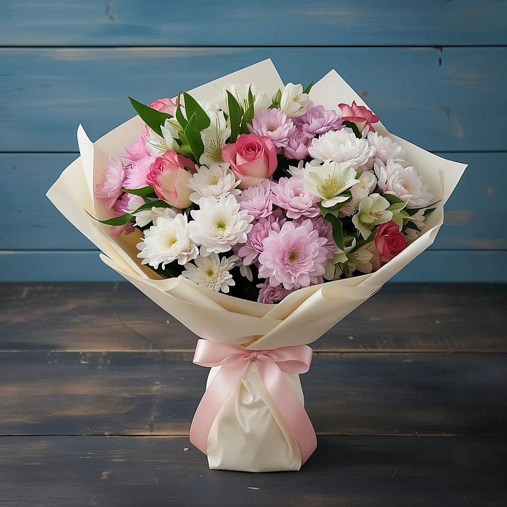 Букет цветов из: Хризантемы, Альстромерии и Розы в Локоть